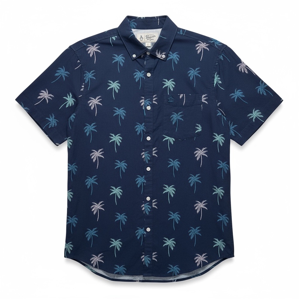 Original Penguin NWT Men’s M Navy Blue Linen Palm Tree Short Sleeve Shirt